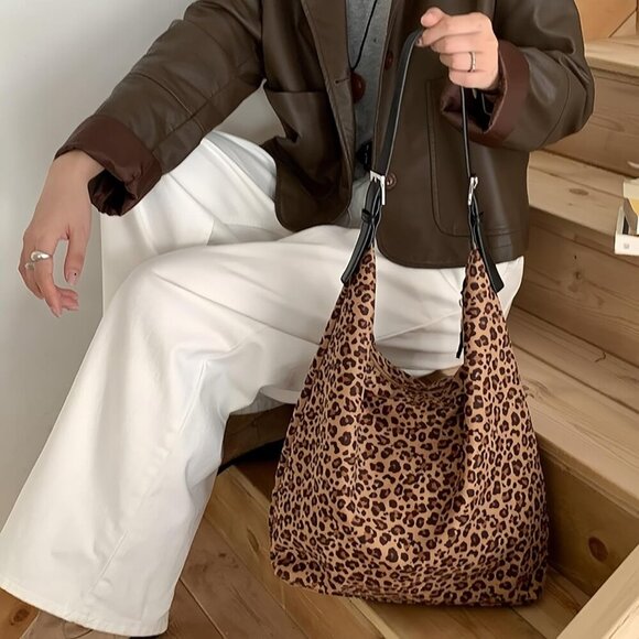 Women's Faux Suede Lightweight Shoulder Bag Leopard Print Purse Slouchy Animal T - Picture 4 of 9